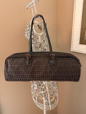 Fendi AUTHENTIC Black and Brown Zucchini Zucca Print Monogram Bassotto Bag